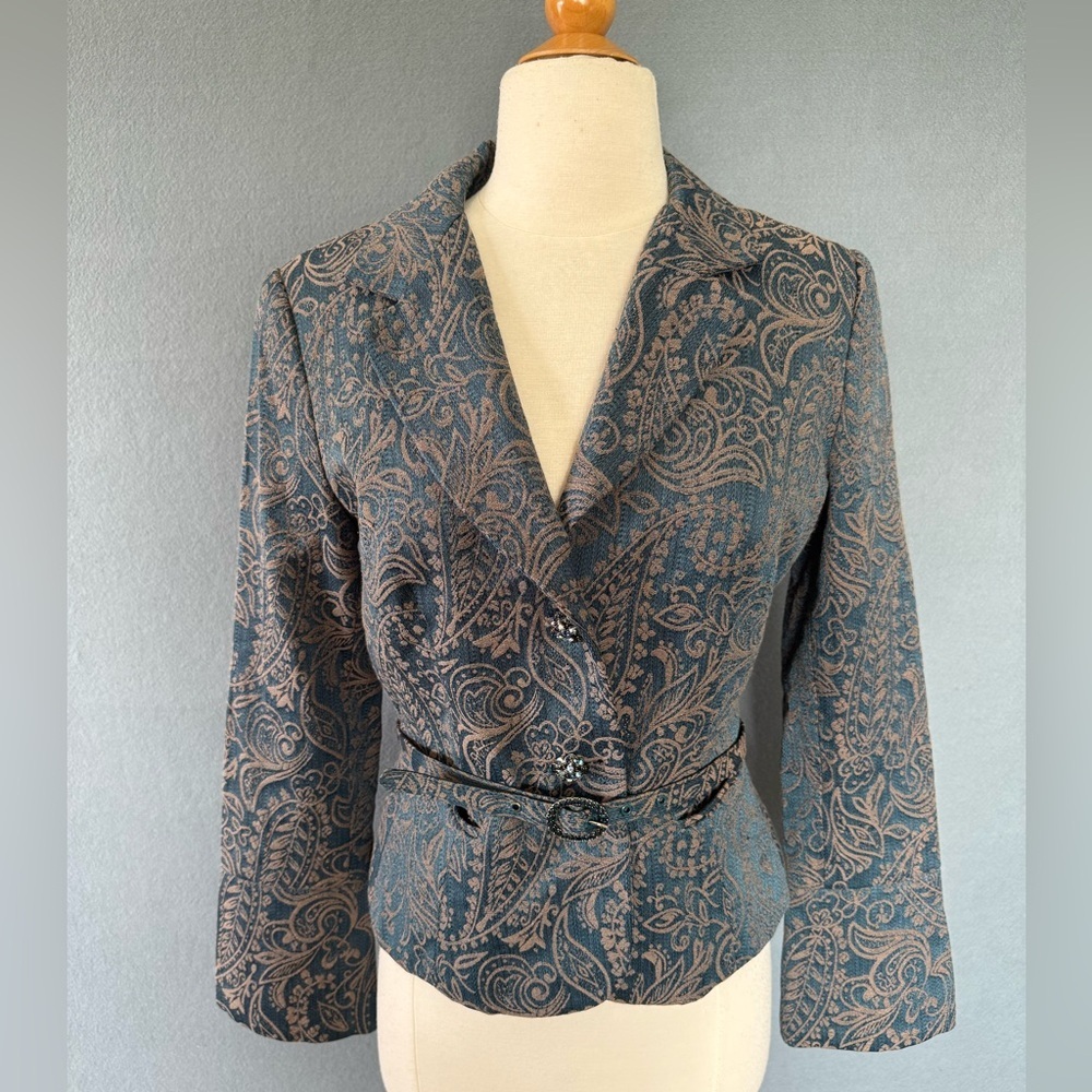Biacci Jacquard Paisley Blazer Sz 6 Teal Bronze Jeweled Belted Jacket